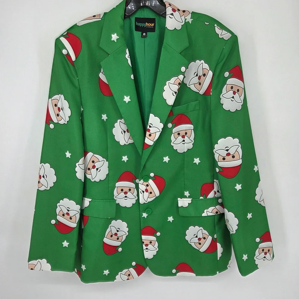 Happy Hour Men's Green Santa Print Suit Set Blazer Pants & Tie Christmas